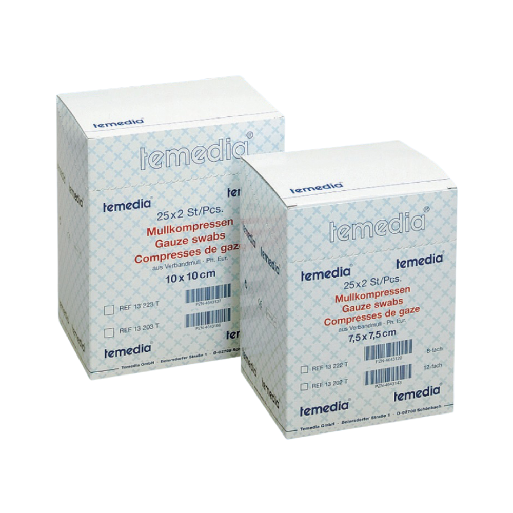 Two boxes of Holthaus Mullkompresse, 17-ply – 25 x 2 pieces from Holthaus Medical GmbH & Co. KG are displayed. The box on the left contains swabs measuring 10 x 10 cm and the box on the right contains swabs measuring 7.5 x 7.5 cm, which are perfect for wound care. Both boxes have similar packaging with blue text and a grid pattern.