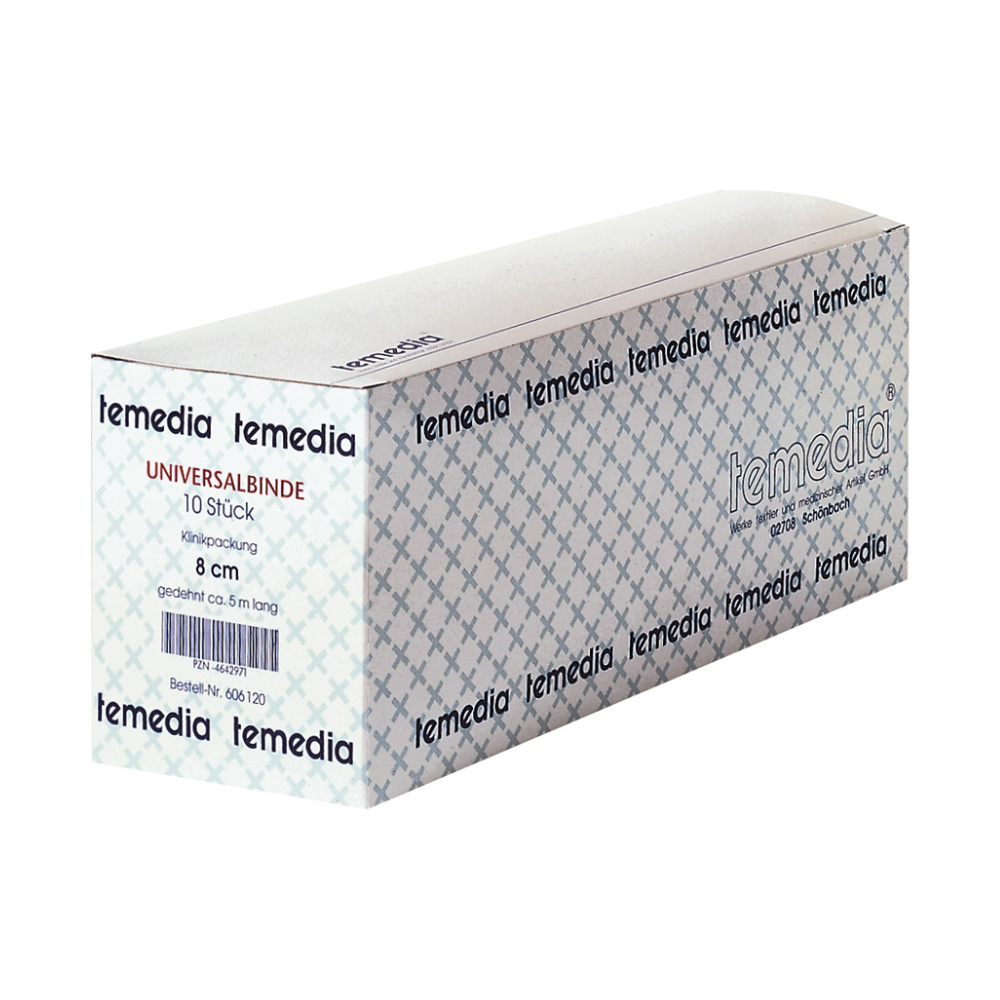 Bosca dronuilleogach de Holthaus Temedia Universalbinde, pacáiste clinice 8 cm x 5 m - 10 bindeanna ó Holthaus Medical GmbH & Co. KG, tá 10 bindeanna ann. Tá patrún ar an mbosca agus tá lógó Temedia air. Le leithead 8 cm agus fad thart ar 5 m, tá na bindeanna comhbhrúite seo idéalach chun cúram éifeachtach créachta a dhéanamh.