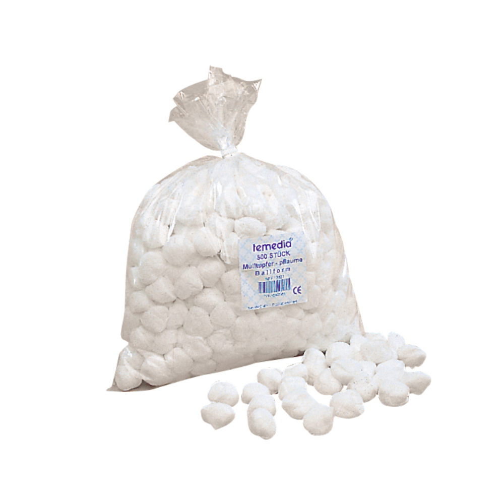 I mála plaisteach trédhearcach leis an inscríbhinn „Holthaus Medical GmbH & Co. KG“ tá roinnt swabs gasa Temedia neamhsteiriúil Gr 2, i gcruth liathróide agus dath gallchnó (500 píosa). Doirtear roinnt de na liathróidí cadáis as an mála, atá dúnta le ceangaltán cábla agus leagtha ar dhromchla bán. Tá na swabs leighis seo oiriúnach go hiontach chun cúram créachta a dhéanamh.