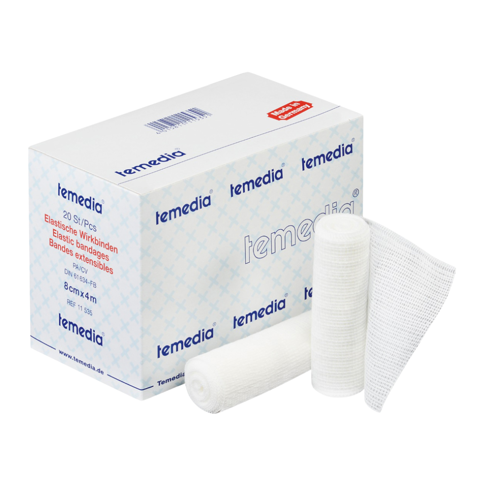 A box of Holthaus Temedia® elastic bandage, 10 cm x 4 m | Pack (20 pieces) from Holthaus Medical GmbH & Co. KG is displayed, with the product name and details visible on the packaging. Next to it are two rolled elastic bandages and an unfolded piece of gauze. The packaging is designed in blue and white, with red text indicating the medical product specifications.