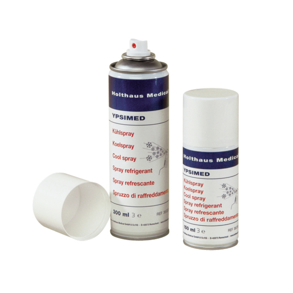 Two cans of cooling spray with the brand "Holthaus Medical GmbH & Co. KG". The left can is open and without a lid, the right can is closed and with a lid. The labels are multilingual and show fill amounts of 300 ml and 150 ml respectively - ideal for first aid situations where Holthaus Ypsimed cooling spray needs to be applied quickly.
