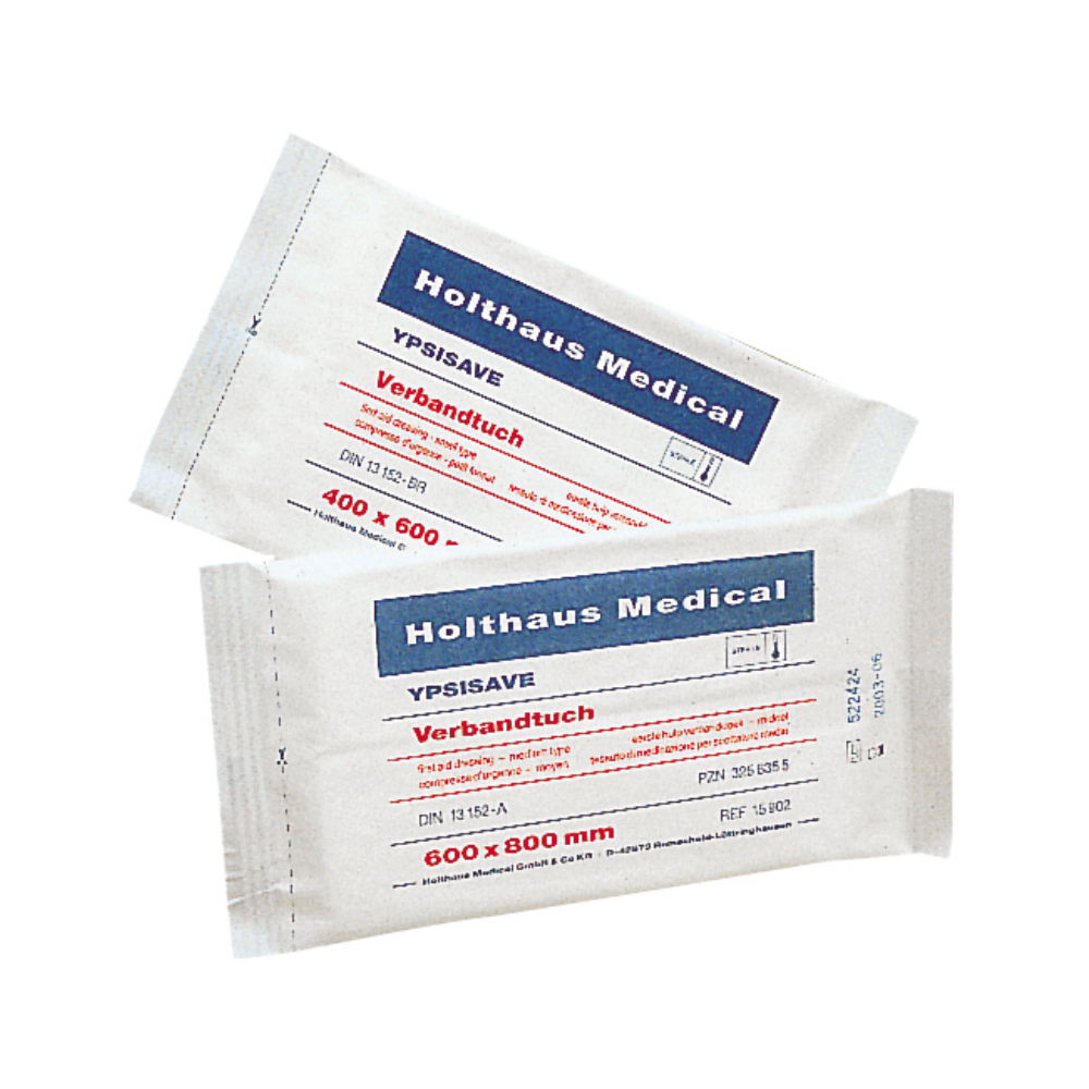 Pictured are two packs of Holthaus Ypsisave dressing wound pads from Holthaus Medical GmbH & Co. KG. The upper pack has a size of 400 x 600 mm, while the lower pack measures 600 x 800 mm. Both packs of the highly absorbent medical product are labeled with German text and medical labeling, perfect for first aid situations.