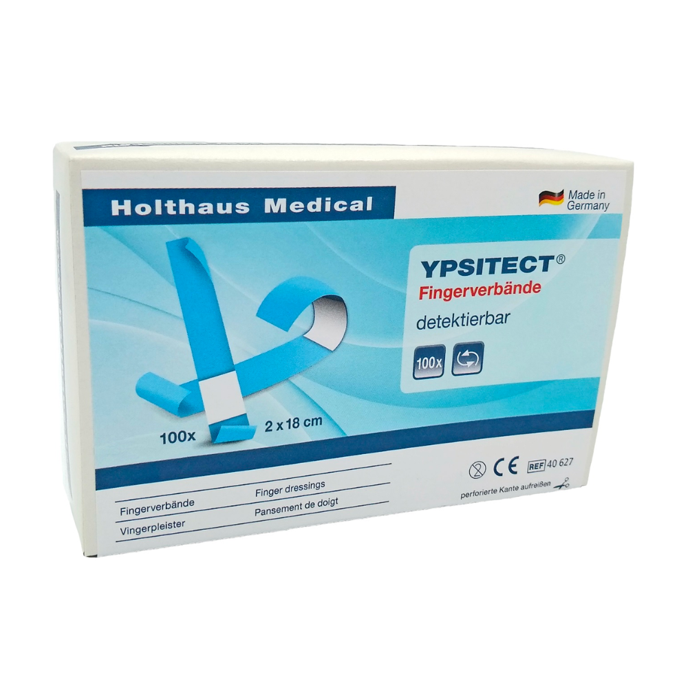 Bosca amháin de Holthaus Ypsitect® Fingerverband, bindealáin inbhraite ó Holthaus Medical GmbH & Co. KG. Tá an bosca den chuid is mó bán-gorm agus tá 100 bindealáin mhéara leaisteacha ann le tomhais 2 x 18 cm. Tá an pacáistiú foirfe do chúram créachta agus léiríonn sé go bródúil gur déanta an táirge sa Ghearmáin.
