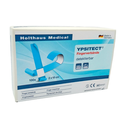 Bosca amháin de Holthaus Ypsitect® Fingerverband, bindealáin inbhraite ó Holthaus Medical GmbH & Co. KG. Tá an bosca den chuid is mó bán-gorm agus tá 100 bindealáin mhéara leaisteacha ann le tomhais 2 x 18 cm. Tá an pacáistiú foirfe do chúram créachta agus léiríonn sé go bródúil gur déanta an táirge sa Ghearmáin.