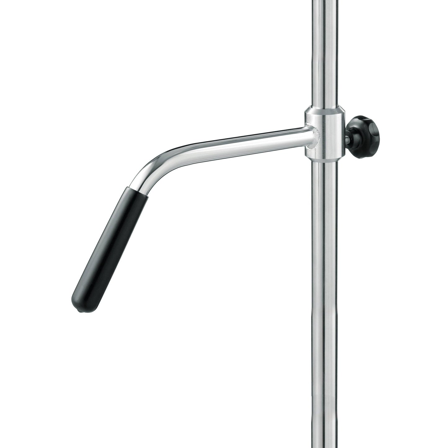 A close-up of the Novocal sliding handle for stainless steel infusion stands, with an adjustable handwheel and black plastic handle, shows the practical L-shaped design as well as the black adjustment knob on the right side.
