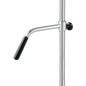 A close-up of the Novocal sliding handle for stainless steel infusion stands, with an adjustable handwheel and black plastic handle, shows the practical L-shaped design as well as the black adjustment knob on the right side.