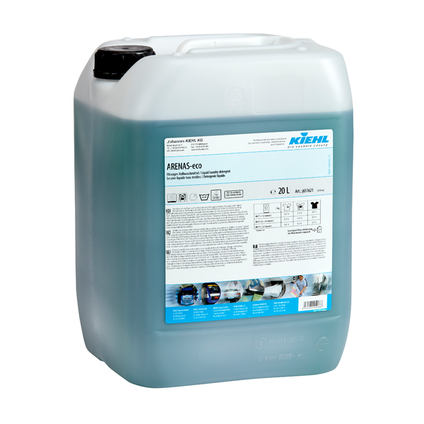Tá coimeádán 20-lítear déanta as plaisteach leath-thrédhearcach le clúdach dubh ann a bhfuil an Kiehl ARENAS-eco Flúirseach Níocháin Leachtach gorm-uaine ó Johannes Kiehl KG ann. Tá sonraí táirge, treoracha úsáide agus lógó Kiehl ar an lipéad.