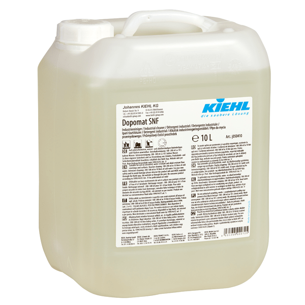 A 10-liter container made of clear plastic with a handle and a white lid bearing the inscription "Kiehl Dopomat SNF Industrial Cleaner" by Johannes Kiehl KG. The label displays safety symbols, multilingual text, and information about the industrial cleaner.