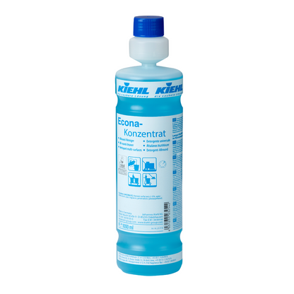 The tall, transparent plastic bottle with blue liquid "Kiehl Econa Concentrate All-Purpose Cleaner" from Johannes Kiehl KG with a blue screw cap and detailed German product information on the front label effectively cleans surfaces.