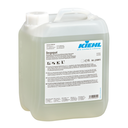 Coimeádán plaisteach trédhearcach le láimhseáil agus caipín bán, lipéadaithe le "Kiehl Desgoquat" de chuid Johannes Kiehl KG. Cuireann an lipéad ilteangach ar an eolas faoi an díghalrán leachtach gan aldehíd le haghaidh díghalrú dromchla agus na treoracha úsáide.