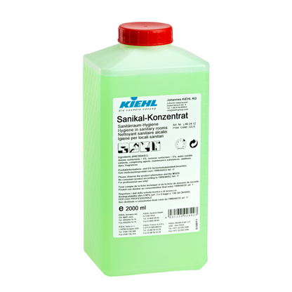 A green, rectangular 2-liter plastic container from Johannes Kiehl KG labeled "Kiehl Sanikal-Concentrate Sanitary Room Hygiene" is equipped with a red lid and multilingual product and application instructions on the front.