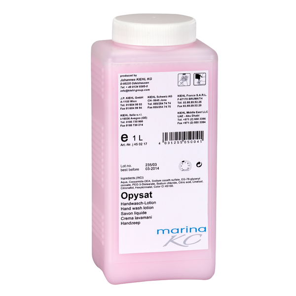 Seasann buidéal plaisteach dronuilleogach bándearg go hingearach leis an inscríbhinn "Kiehl Opysat Handwasch-Lotion" de chuid Johannes Kiehl KG. Tá an gallúnach láimhe pH-neodrach 1 lítear foirfe le haghaidh glanadh láimhe go réidh, le treoracha úsáide agus sonraí ar an lipéad.