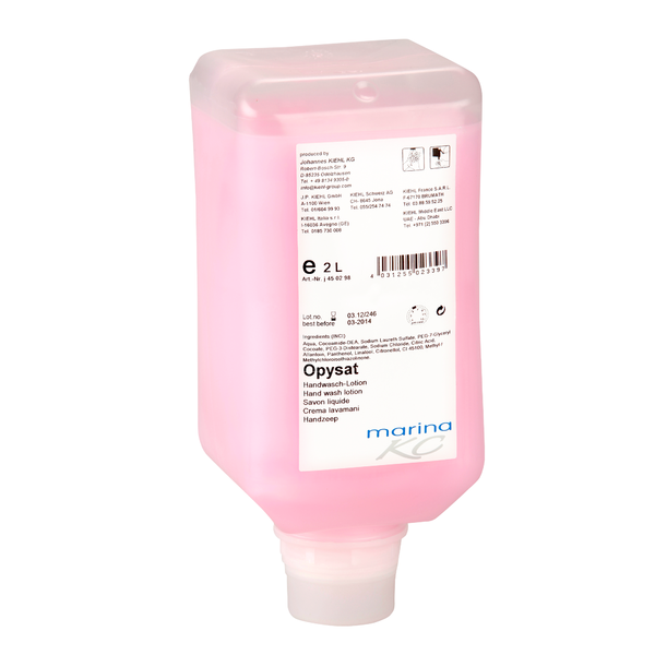 Buidéal dáileora dronuilleogach 2-lítear den Kiehl Opysat Handwasch-Lotion de chuid Johannes Kiehl KG, líonta le glantóir láimhe bándearg, pH-neodrach, lipéadaithe le sonraí táirge agus treoir cúraim láimhe ilteangach.