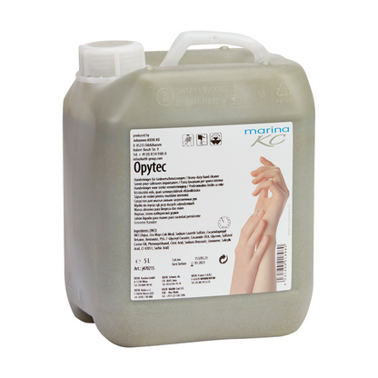 A 5-liter plastic container of Opytec Hand Cleaner for heavy soiling from Johannes Kiehl KG with a pump handle and a label with product and brand details as well as a hand washing image - ideal for effective cleaning of heavy dirt.
