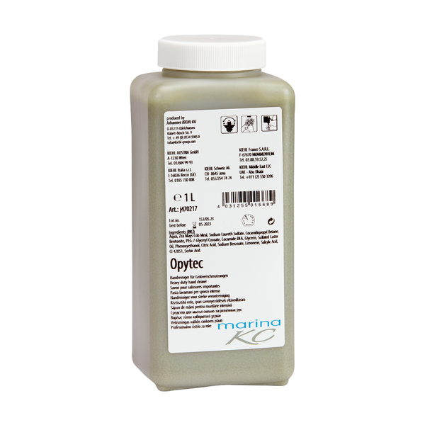 Rectangular 1L plastic bottle with screw cap containing Kiehl Opytec Hand Cleaner for heavy soiling from Johannes Kiehl KG. The label on the front includes product details, instructions, and manufacturer information in multiple languages.