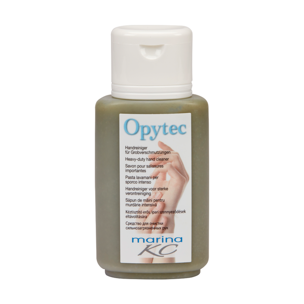 A plastic bottle of Johannes Kiehl KG with a white cap and the inscription Kiehl Opytec Hand Cleaner for heavy soiling" bears a multilingual marina KC" label on a light background.