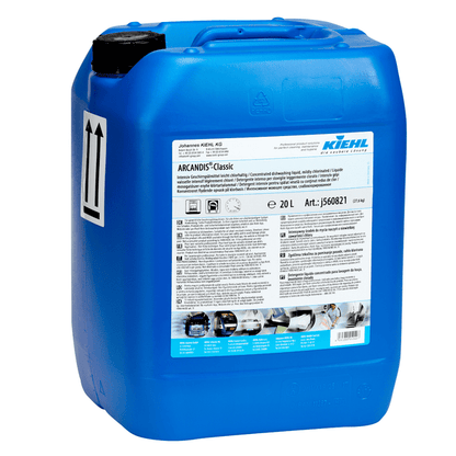 A large blue 20-liter plastic container with a screw cap contains Kiehl ARCANDIS-Classic Intensive Dishwashing Detergent, slightly chlorinated from Johannes Kiehl KG, ideal for professional dishwashers. White label and black arrows mark the upright position.