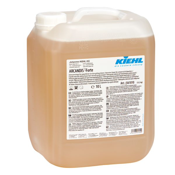 Coimeádán 10-lítear déanta as plaisteach trédhearcach le clúdach scriú bán, líonta le leacht dath ómra. Ar an lipéad tá sé scríofa i dteangacha éagsúla "Kiehl ARCANDIS-Forte Glantóir Dian do mheaisíní níocháin trádála" de chuid Johannes Kiehl KG.