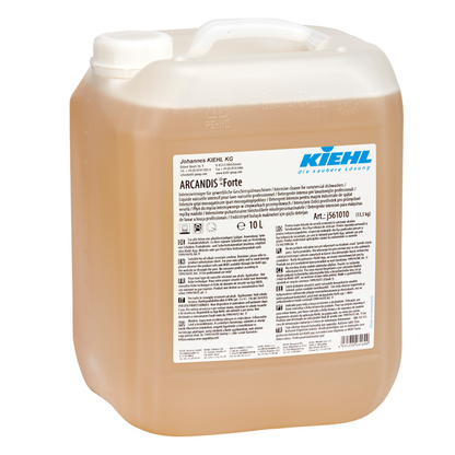 Coimeádán 10-lítear déanta as plaisteach trédhearcach le clúdach scriú bán, líonta le leacht dath ómra. Ar an lipéad tá sé scríofa i dteangacha éagsúla "Kiehl ARCANDIS-Forte Glantóir Dian do mheaisíní níocháin trádála" de chuid Johannes Kiehl KG.