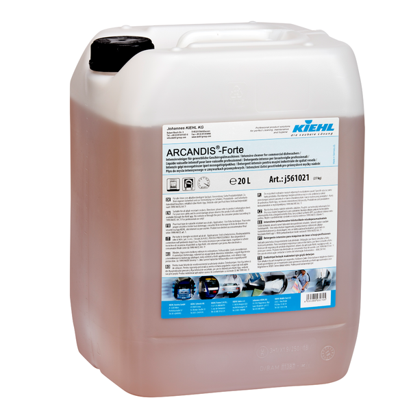 Coimeádán plaisteach 20-lítear Kiehl ARCANDIS-Forte Glantóir Dian do mheaisíní níocháin trádála de chuid Johannes Kiehl KG le láimhseáil bhán agus lipéad tosaigh mionsonraithe le treoracha agus pictiúir.