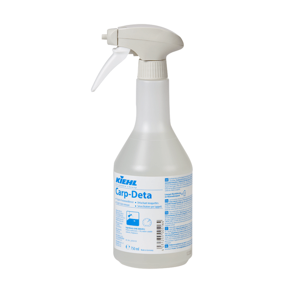A spray bottle of Carp-Deta carpet stain remover (750 ml) from Johannes Kiehl KG with blue text and instructions on a white label, as well as a white trigger nozzle, designed for effective carpet cleaning and stain removal. The box contains 6 bottles.