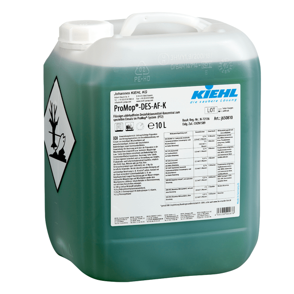 A 10-liter canister of Kiehl ProMop-DES-AF-K, a green, aldehyde-free disinfectant concentrate from Johannes Kiehl KG for professional surface cleaning and disinfection. The label contains product information, safety instructions, and hazard symbols.