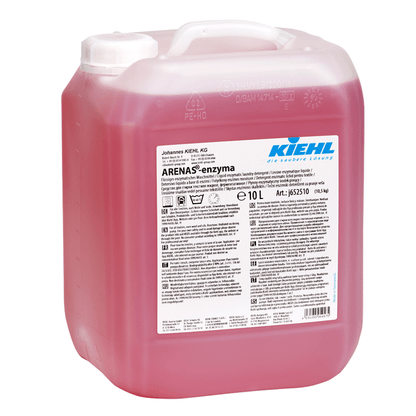 A 10-liter container made of transparent plastic with Kiehl ARENAS-enzyma liquid enzyme-containing detergent by Johannes Kiehl KG, with product information and application instructions for effective stain removal on a white front label.