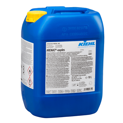 Blue 10-liter plastic container "Kiehl ARENAS-oxydes Liquid Disinfection and Bleaching Component" from Johannes Kiehl KG, with a white product label, yellow lid, molded handle; ideal for commercial cleaning.