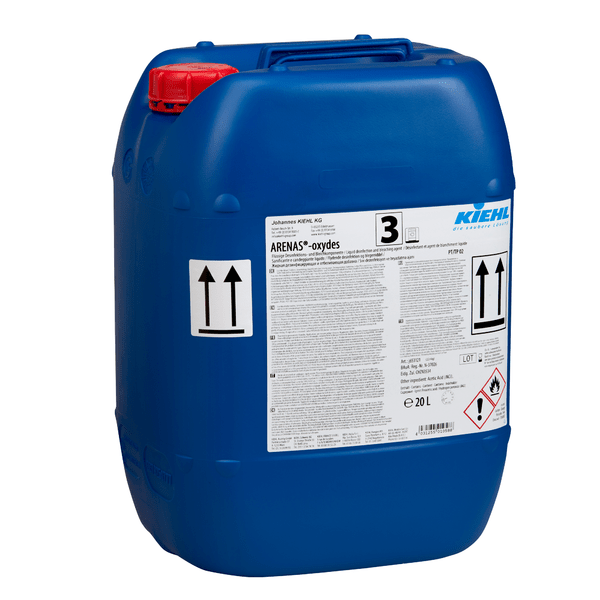 A large blue plastic container with a red screw cap and a detailed white label with the Johannes Kiehl KG logo, "Kiehl ARENAS-oxydes Liquid Disinfection and Bleaching Component", hazard warnings, and a capacity of 20 liters.