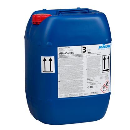 A large blue plastic container with a red screw cap and a detailed white label with the Johannes Kiehl KG logo, "Kiehl ARENAS-oxydes Liquid Disinfection and Bleaching Component", hazard warnings, and a capacity of 20 liters.