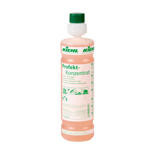 Johannes Kiehl KG Kiehl Profekt-Konzentrat Reiniger mit Glanzpflege in der 1-Liter-Kunststoffflasche mit grünem Verschluss und Etikett mit Anwendungshinweisen und Piktogrammen für die Oberflächen- und Bodenpflege. Erhältlich in Kartons mit 6 Flaschen.