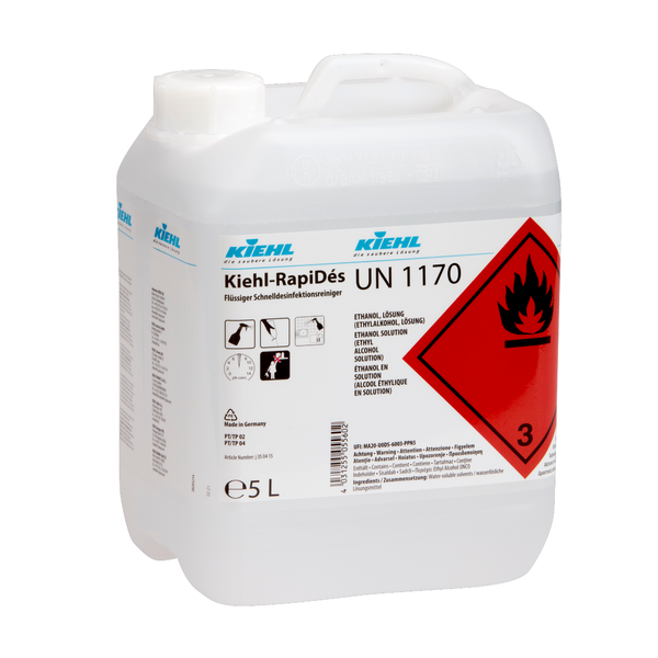 Glantóir Díghalraithe Tapa Leachtach Kiehl RapiDés 5-lítear ón Johannes Kiehl KG le haghaidh glanadh tapa agus díghalrú, le rabhadh inadhainteachta, faisnéis cheimiceán agus siombailí sábháilteachta ar an taobh tosaigh.