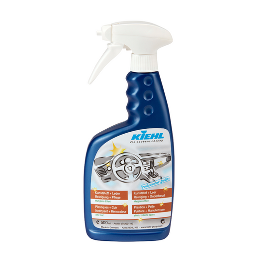 Eine 500 ml blaue Sprühflasche der Johannes Kiehl KG Kunststoff+Leder / Reiniger+Pflege mit weißem Drücker, beschriftet zur Reinigung und Pflege von Kunststoff- und Lederoberflächen, ideal für Oberflächenreinigung und Lederpflege.