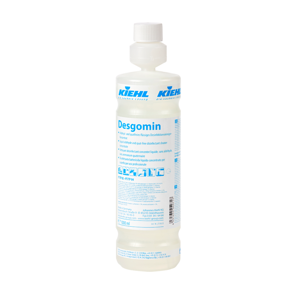 The 1-liter plastic bottle Kiehl Desgomin aldehyde- and quat-free liquid disinfectant cleaner concentrate by Johannes Kiehl KG has a white cap and a blue label with application instructions and safety information.