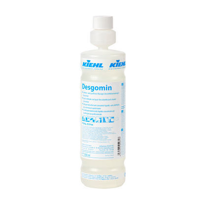 The 1-liter plastic bottle Kiehl Desgomin aldehyde- and quat-free liquid disinfectant cleaner concentrate by Johannes Kiehl KG has a white cap and a blue label with application instructions and safety information.