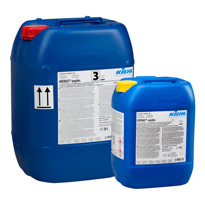 Two blue Kiehl ARENAS-oxydes Liquid Disinfection and Bleaching Component plastics from Johannes Kiehl KG: 20L (red lid) and 10L (yellow lid), both with white labels, for commercial cleaning as a disinfection/bleaching component.