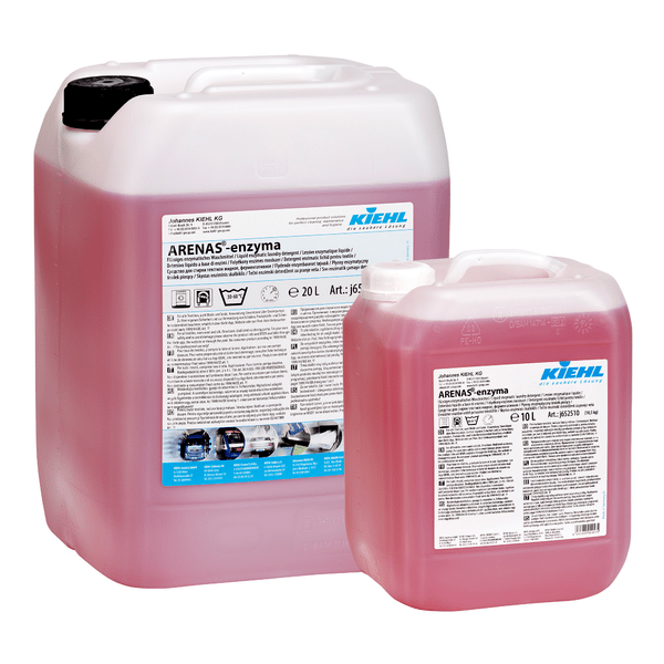 Two transparent plastic containers, a 20L and a 10L, with black lids, filled with pink Kiehl ARENAS-enzyma liquid enzyme-containing detergent from Johannes Kiehl KG. Both display detailed information for effective stain removal.
