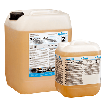 Two transparent plastic bottles of Kiehl ARENAS-excellent Liquid Laundry Booster by Johannes Kiehl KG for stain removal with black closure and blue-white branding. One bottle is large, the other is small.