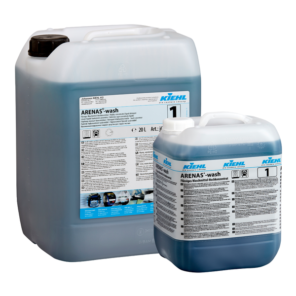 Tá dhá choimeádán plaisteach mór de Kiehl ARENAS-nigh Glantóir Neamhspleách Leachtach na Johannes Kiehl KG le feiceáil, lipéadaithe le faisnéis faoin táirge agus líonta le leacht gorm. Tá 20 lítear sa choimeádán níos mó. Tá an glantóir seo saor ó fosfáit.