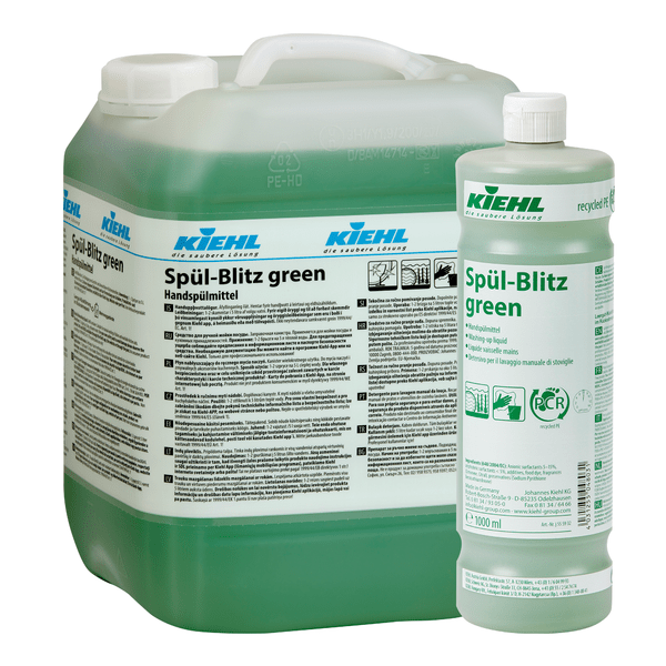 Pictured are two containers of the green hand dishwashing detergent Kiehl Spül-Blitz from Johannes Kiehl KG: a large transparent 10-liter canister with a handle and a smaller 1-liter bottle, both labeled as biodegradable in several languages.