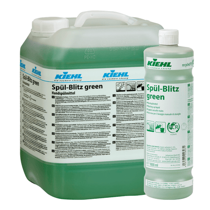 Pictured are two containers of the green hand dishwashing detergent Kiehl Spül-Blitz from Johannes Kiehl KG: a large transparent 10-liter canister with a handle and a smaller 1-liter bottle, both labeled as biodegradable in several languages.