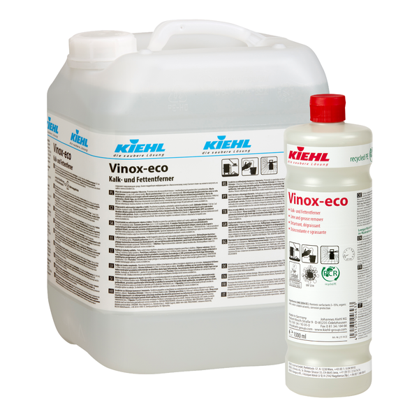 The Kiehl Vinox-eco lime and grease remover from Johannes Kiehl KG is available in 10L and 1L containers with detailed information and symbols. The environmentally friendly cleaner effectively removes lime and grease.