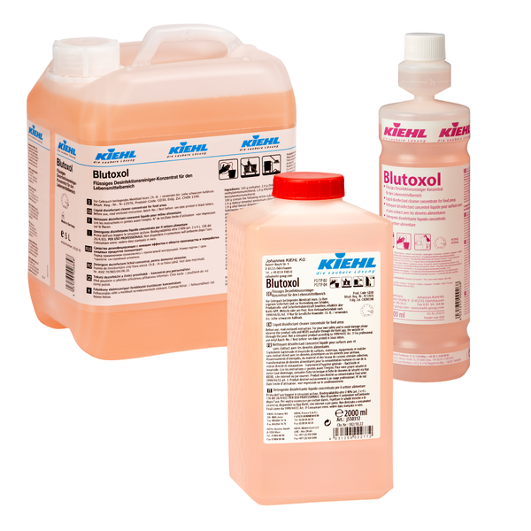 Taispeántar trí bhuidéal de Kiehl Blutoxol Díghalrán Leachtach Tiubhaithe don earnáil bia ó Johannes Kiehl KG i méideanna éagsúla. Tá an leacht oráiste-rosach oiriúnach go hiontach chun baictéir, víris agus fungais a bhaint.