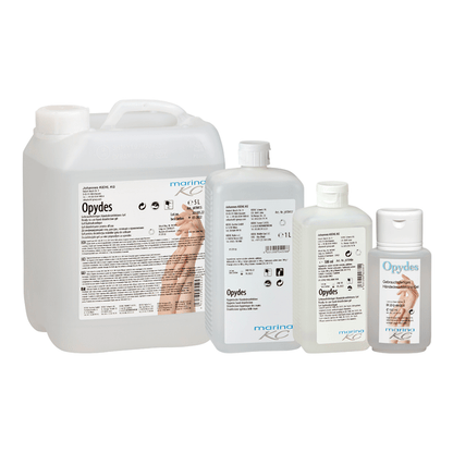 Pictured are four clear bottles of Kiehl Opydes Hygienic Hand Disinfection from Johannes Kiehl KG in various sizes in a row. They feature white and blue lettering with hand symbols for hygienic hand disinfection and germ reduction.