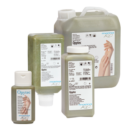 Pictured are four containers of Kiehl Opytec Hand Cleaner for heavy soiling from Johannes Kiehl KG, each with a white label with product information and hand illustrations. The green hand cleaner is visible in each container.