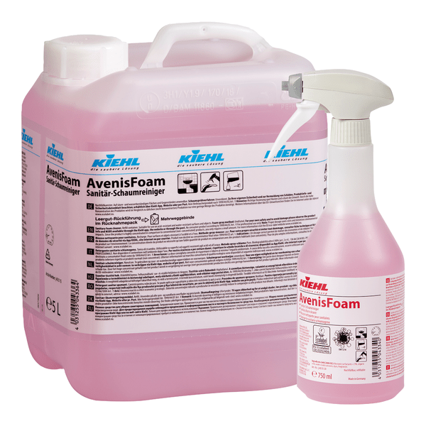 Two containers of Johannes Kiehl KG Kiehl AvenisFoam sanitary foam cleaner: a 5L jug with usage information and a 750ml spray bottle, both with pink foam for thorough cleaning and hygienically clean surfaces.