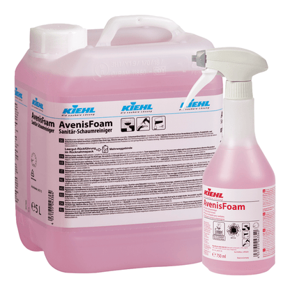 Two containers of Johannes Kiehl KG Kiehl AvenisFoam sanitary foam cleaner: a 5L jug with usage information and a 750ml spray bottle, both with pink foam for thorough cleaning and hygienically clean surfaces.
