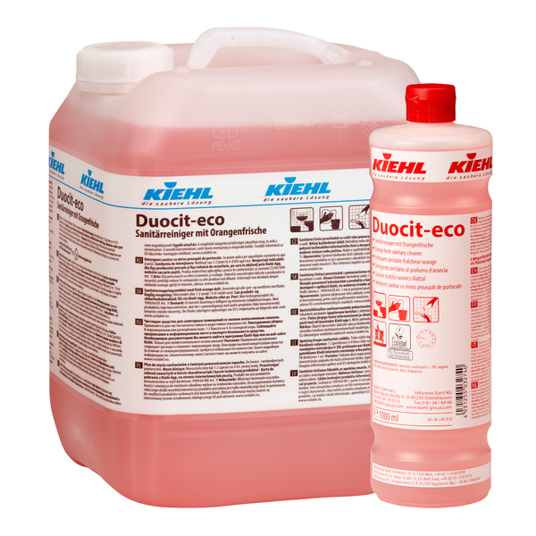 Tá dhá choimeádán den Johannes Kiehl KG Kiehl Duocit-eco Glantóir Sláintíochta le Úr Oráiste, ceann mór agus ceann beag, líonta le leacht dearg agus tá lipéid bhána agus caipíní dearga acu - iontach le haghaidh glantacháin atá neamhdhíobhálach don chomhshaol.