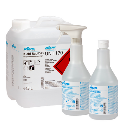 Trí choimeádán Glantóir Díghalraithe Tapa Leachtach Kiehl RapiDés ón Johannes Kiehl KG - canna 5L, buidéal spraeála agus buidéal le clúdach agus lipéad gorm/bán - foirfe le haghaidh glanadh tapa agus díghalrú dromchlaí. Siombailí contúirte léirithe.