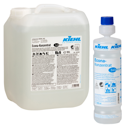 Abgebildet sind zwei Gebinde des Kiehl Econa-Konzentrat balance Allround-Reiniger ohne Duft- und Farbstoffe der Johannes Kiehl KG: links ein 10-Liter-Kanister und rechts eine 1-Liter-Flasche, beide mit Produktinformation.